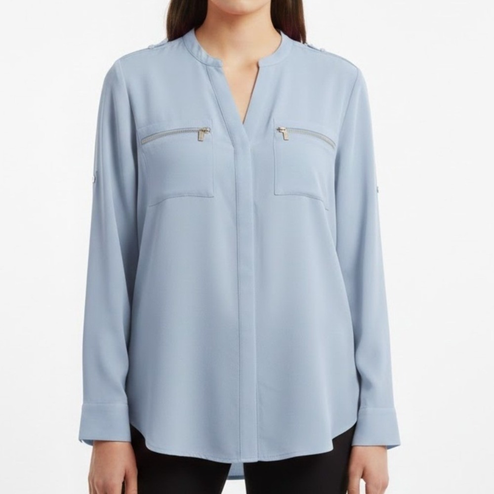 Calvin Klein Women Shirt Blue Long Sleeve Button Front Zipper Pockets Size‎ M